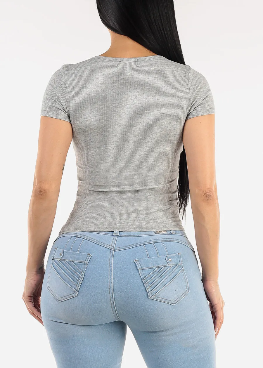 Stretchy Short Sleeve Vneck Ribbed Tee Grey sold by Moda product image thumbnail 4