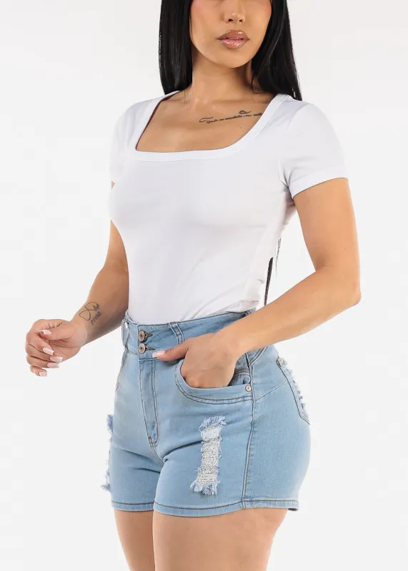 Short Sleeve Wide Square Neck Stretch Top White sold by Moda