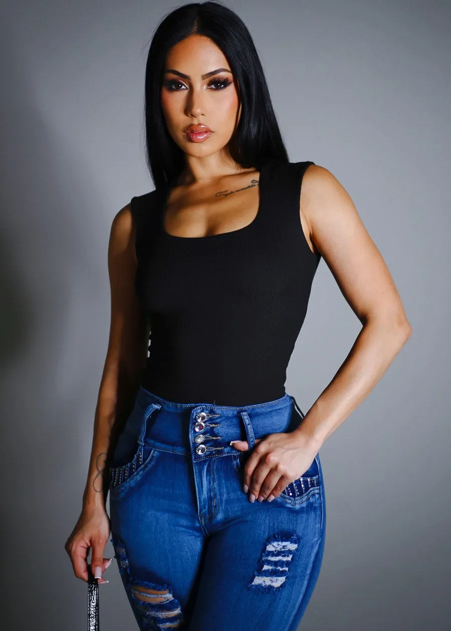 Sleeveless Square Neck Ribbed Top Black sold by Moda