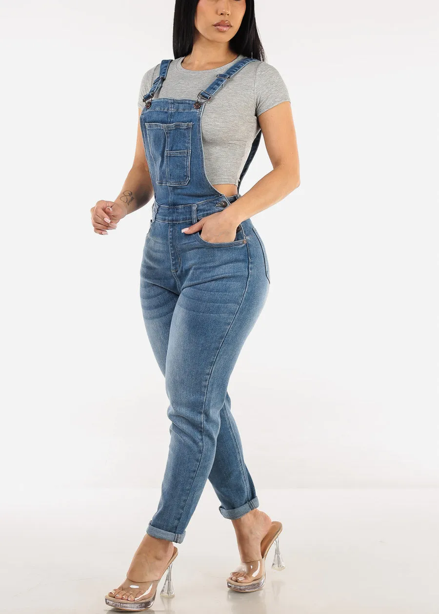 Buckle Strap Stretch Skinny Denim Overalls Med Wash sold by Moda