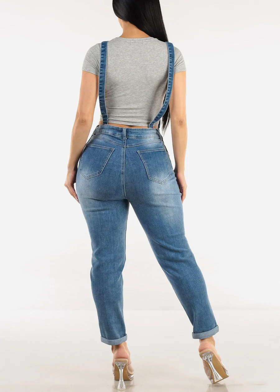 Buckle Strap Stretch Skinny Denim Overalls Med Wash sold by Moda product image thumbnail 3