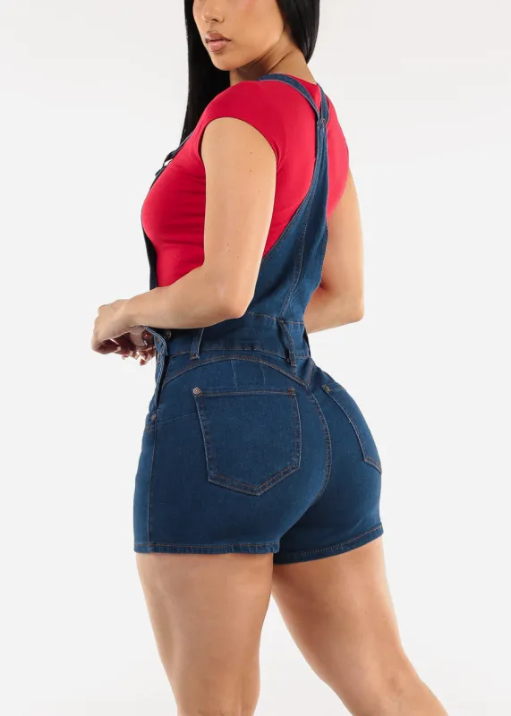 Butt Lift Sleeveless Dark Denim Short Overalls sold by Moda