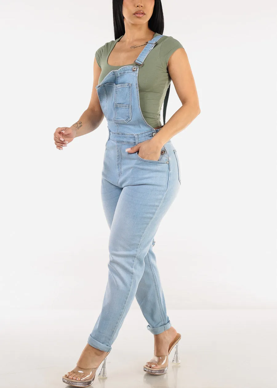 Buckle Strap Stretch Skinny Denim Overalls Light Wash sold by Moda