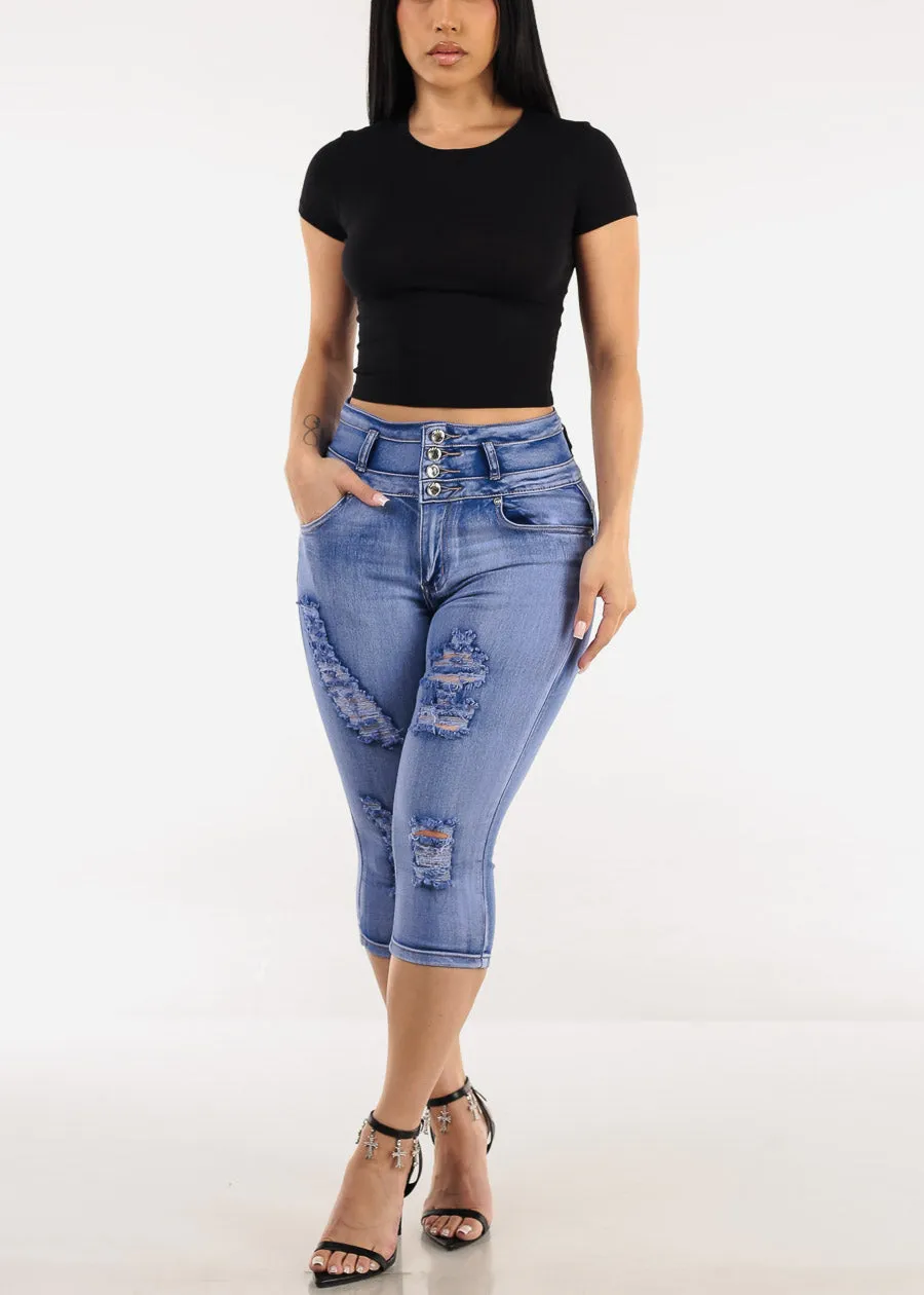 Levantacola Distressed Denim Capris Light Sand Wash sold by Moda product image thumbnail 2