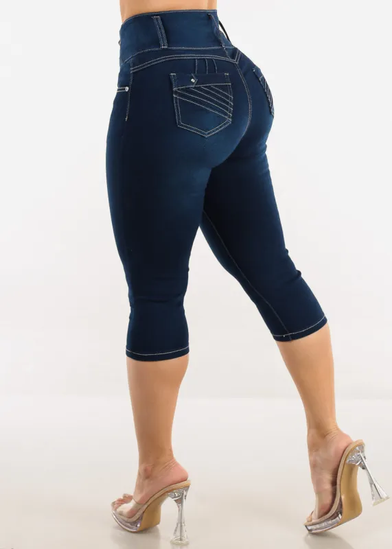 Levantacola Super High Waist Denim Capris Dark Blue sold by Moda