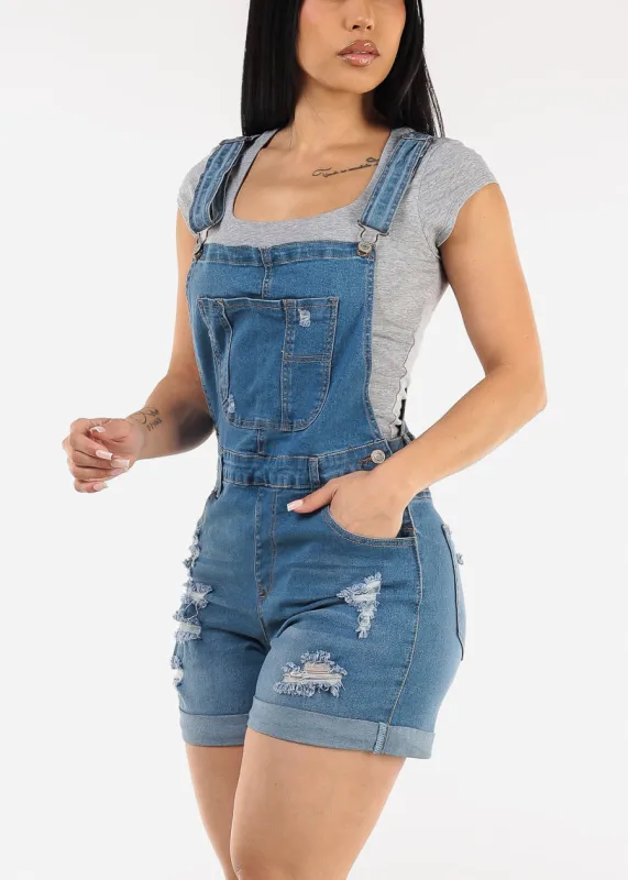 Sleeveless Cuffed Distressed Light Denim Short Overalls sold by Moda
