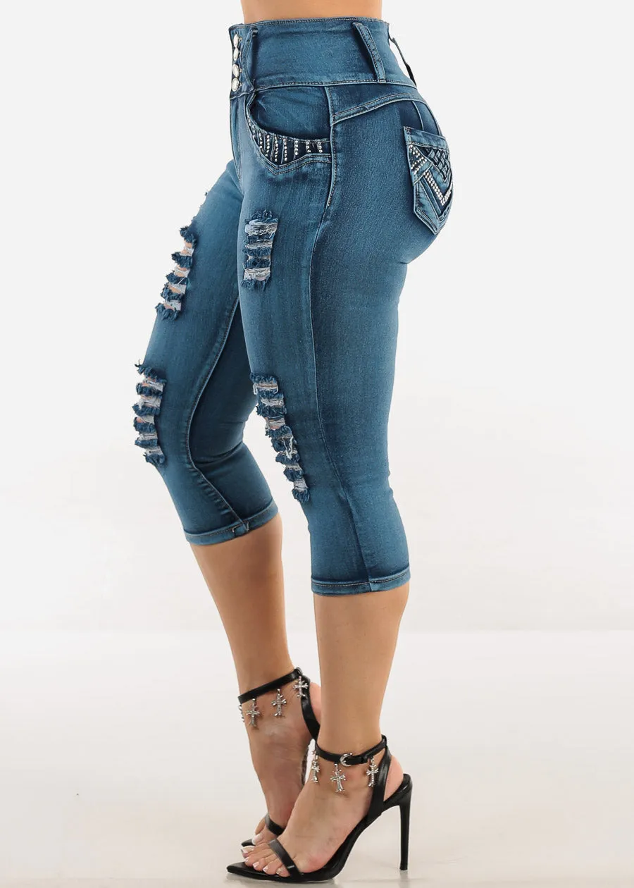 Butt Lift Distressed Denim Capris Teal sold by Moda product image thumbnail 5