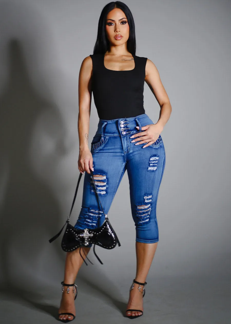 Butt Lift Distressed Denim Capris Teal sold by Moda product image thumbnail 2