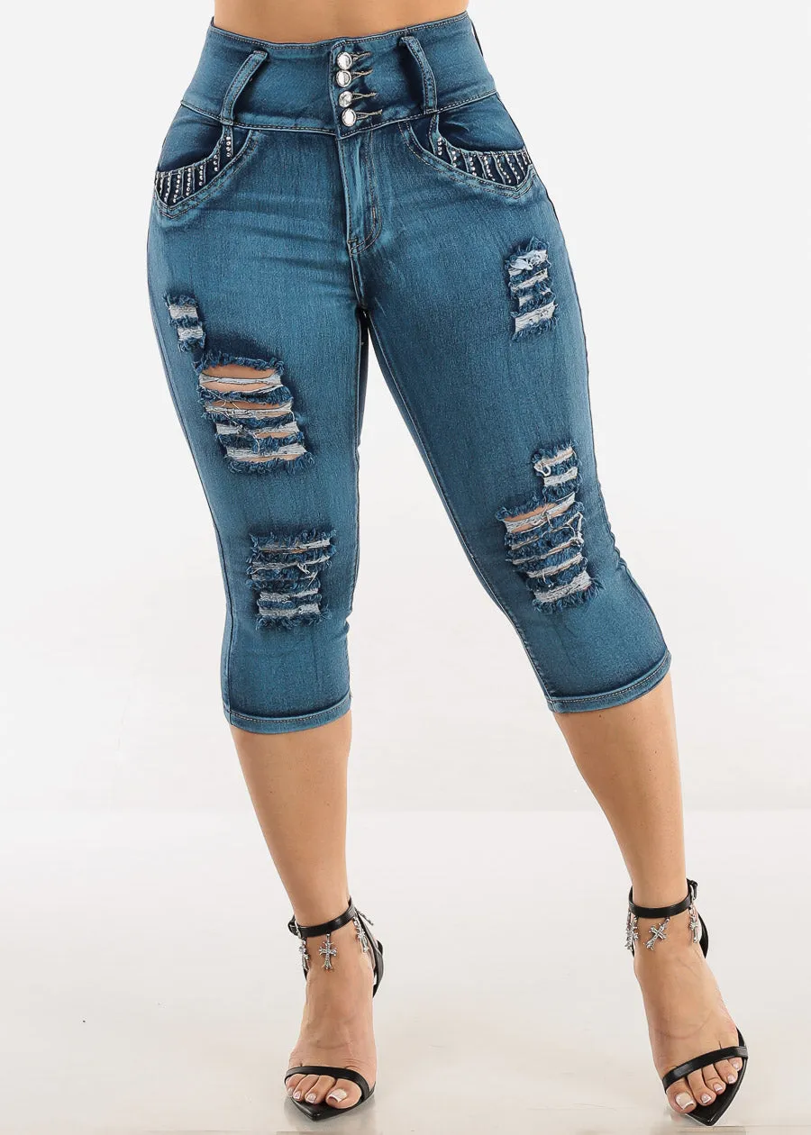 Butt Lift Distressed Denim Capris Teal sold by Moda product image thumbnail 4