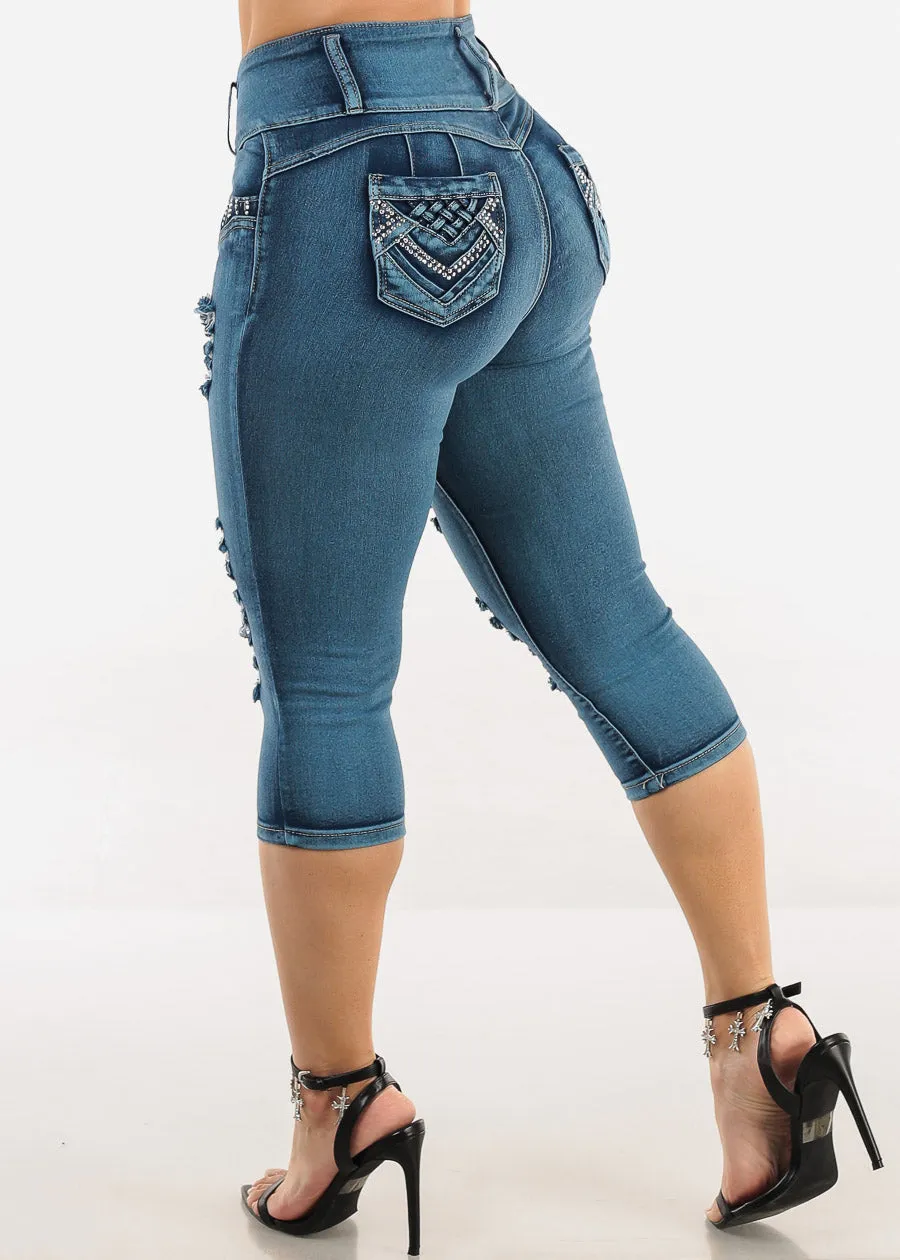 Butt Lift Distressed Denim Capris Teal sold by Moda