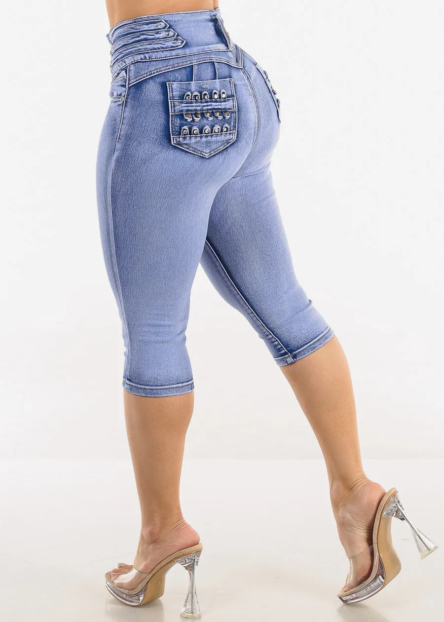 Butt Lift Super High Waist Denim Capris Light Sand Wash sold by Moda