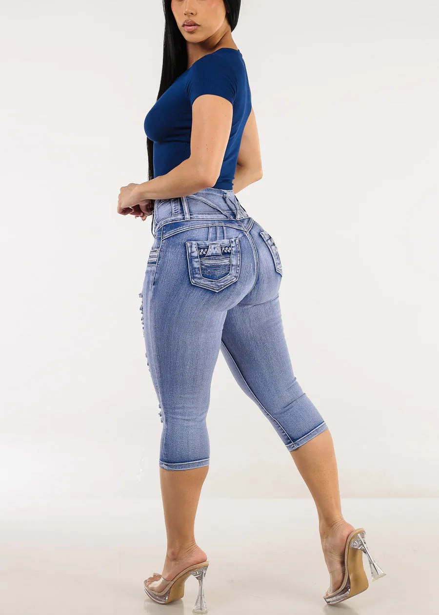 Butt Lift Distressed Denim Capris Light Sand Wash sold by Moda product image thumbnail 5