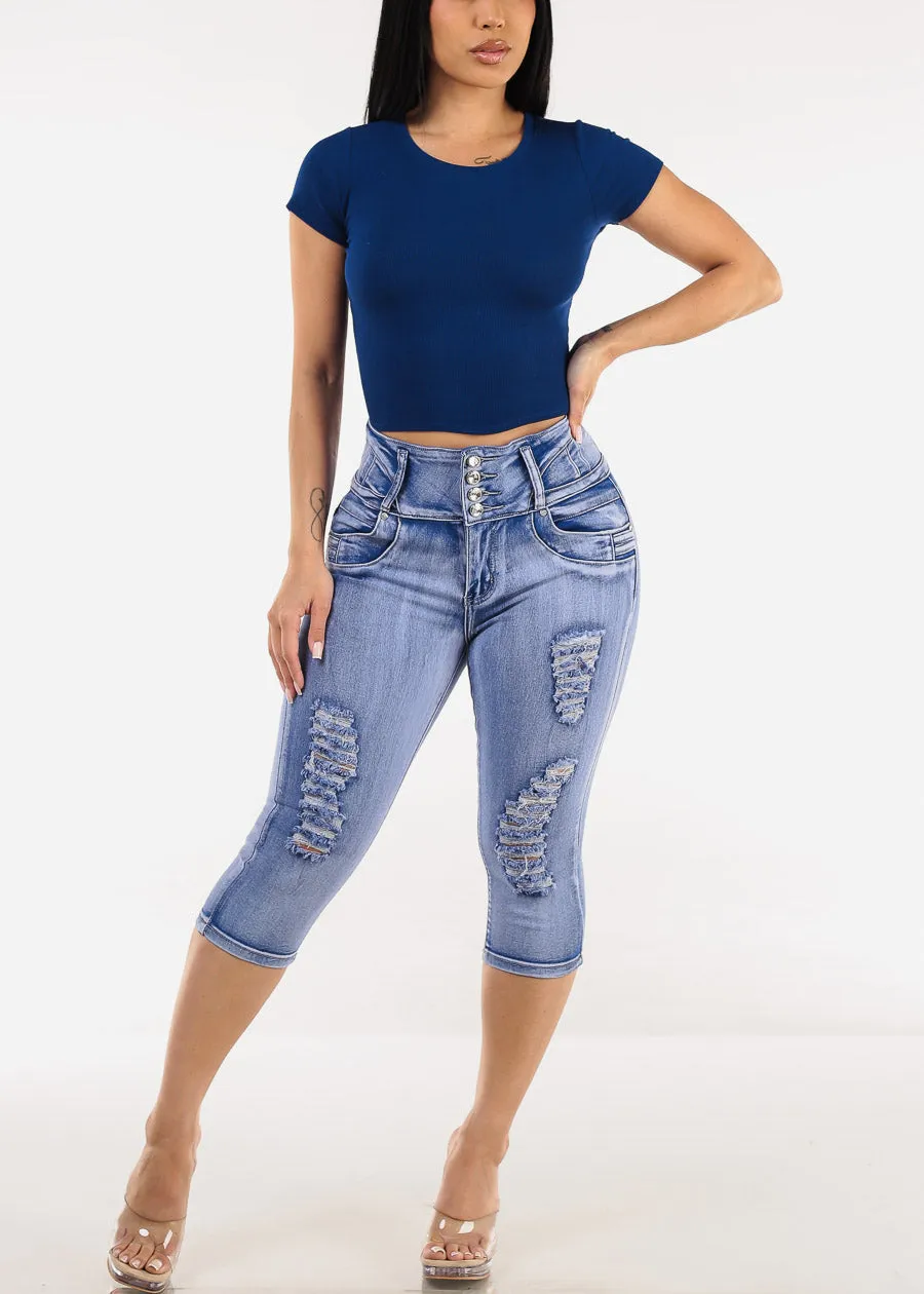 Butt Lift Distressed Denim Capris Light Sand Wash sold by Moda product image thumbnail 2