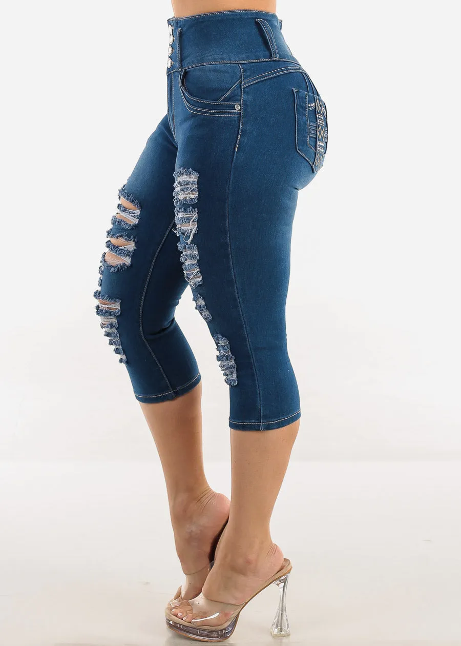 Butt Lift Distressed Denim Capris Med Blue sold by Moda product image thumbnail 4