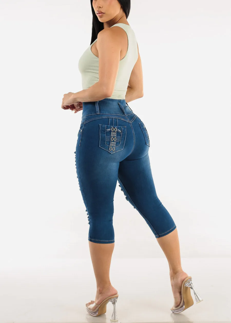 Butt Lift Distressed Denim Capris Med Blue sold by Moda product image thumbnail 5