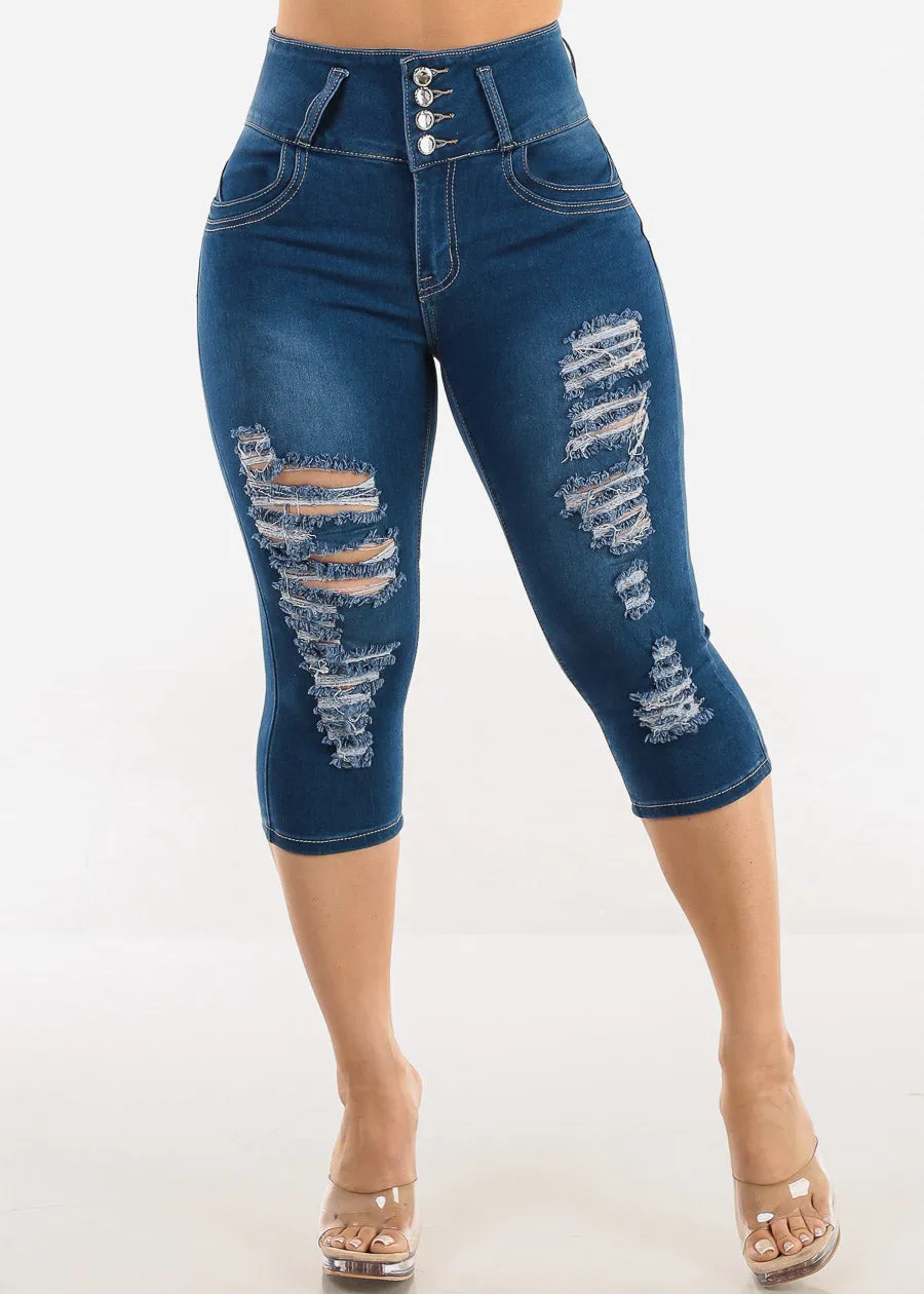 Butt Lift Distressed Denim Capris Med Blue sold by Moda product image thumbnail 3