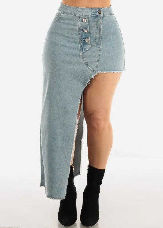 Asymmetrical Hem Denim Skirt Light Blue sold by Moda