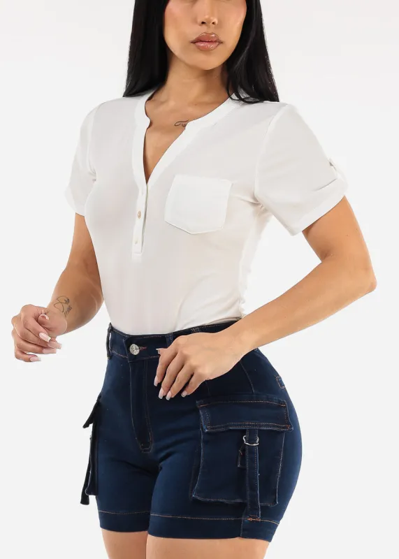 Short Sleeve Half Button Up Blouse Ivory sold by Moda