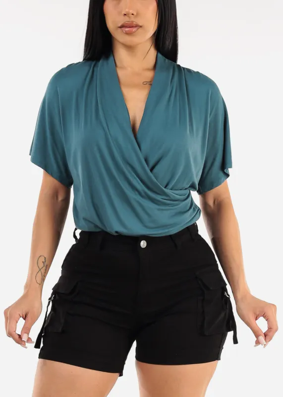 Short Dolman Sleeve Surplice Blouse Teal sold by Moda