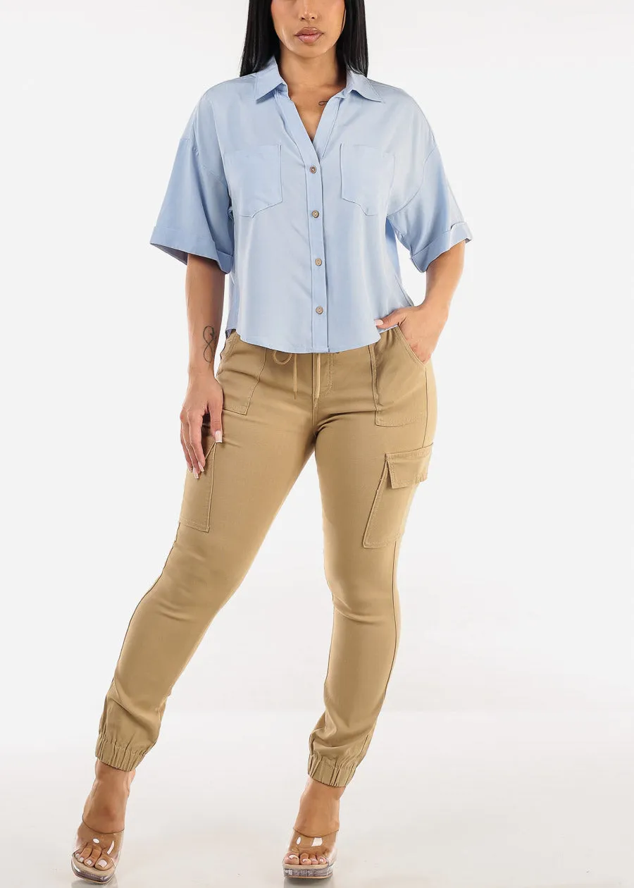 High Drawstring Waist Hyper Stretch Cargo Jogger Pants Khaki sold by Moda product image thumbnail 2