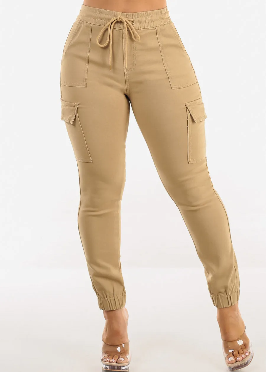 High Drawstring Waist Hyper Stretch Cargo Jogger Pants Khaki sold by Moda