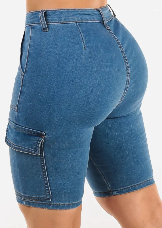 Butt Lift High Waist Denim Bermuda Shorts Med Blue sold by Moda