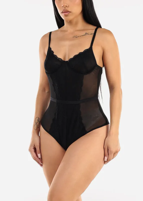 Black Sweetheart Neckline Lace Mesh Thong Bodysuit sold by Moda