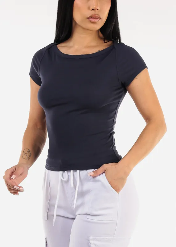 Short Sleeve Boat Neckline Stretch Top Navy sold by Moda