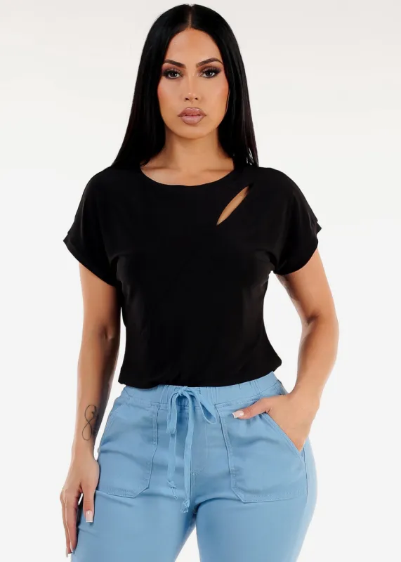 Short Sleeve Round Neck Stretchy Blouse Black sold by Moda