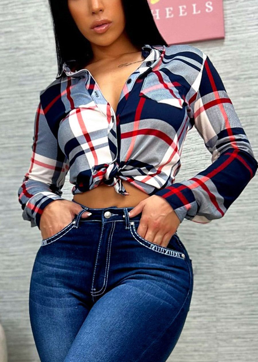 Button Down Plaid Shirt Navy & Ivory sold by Moda