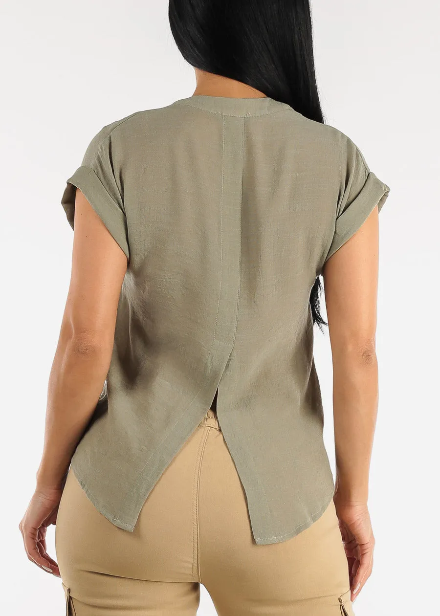 Cuffed Short Sleeve Button Up Shirt Sage w Back Slit sold by Moda product image thumbnail 4