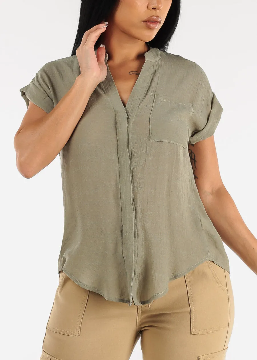 Cuffed Short Sleeve Button Up Shirt Sage w Back Slit sold by Moda