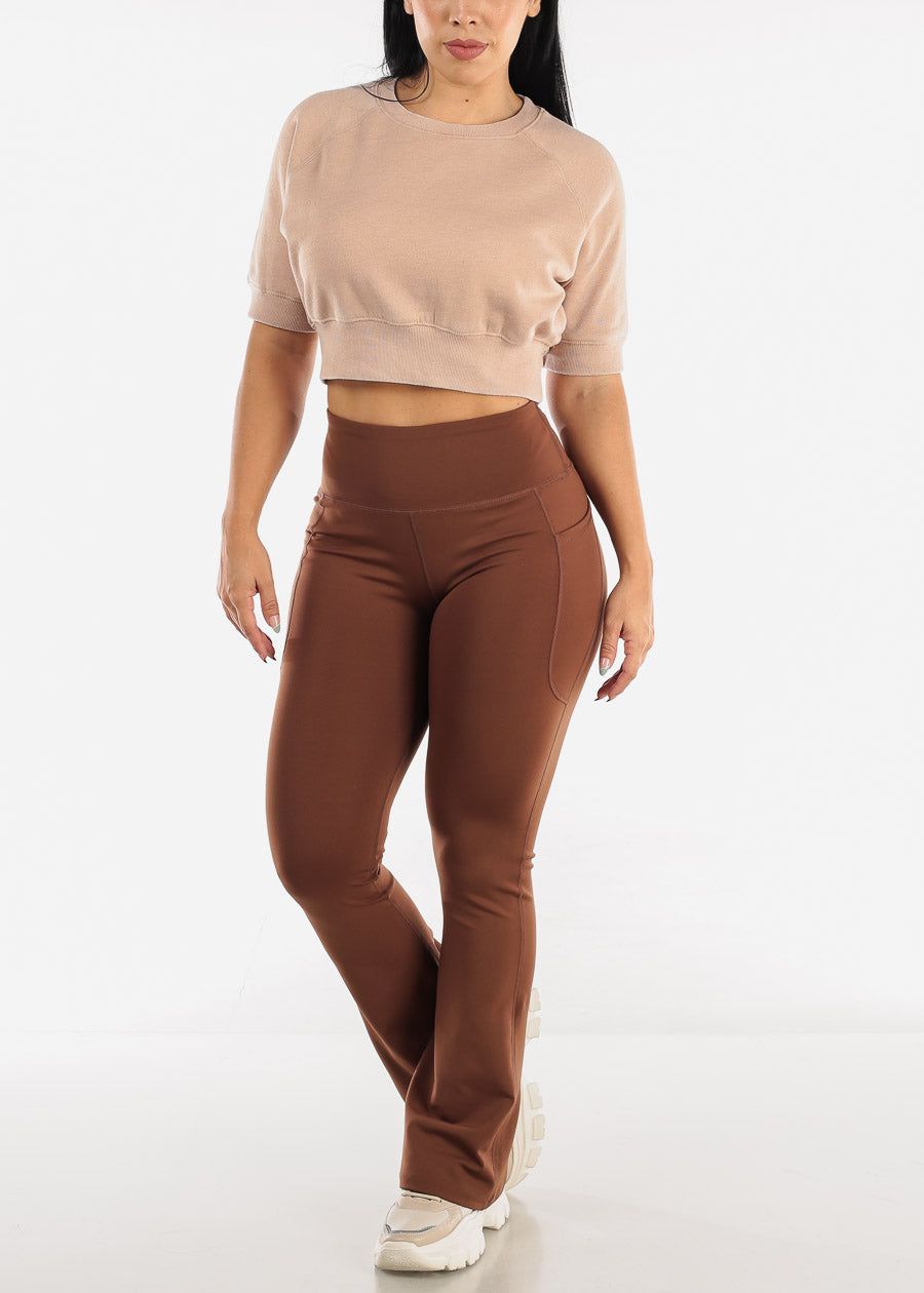 High Waisted Activewear Flared Leggings Brown w Phone Pocket sold by Moda product image thumbnail 2