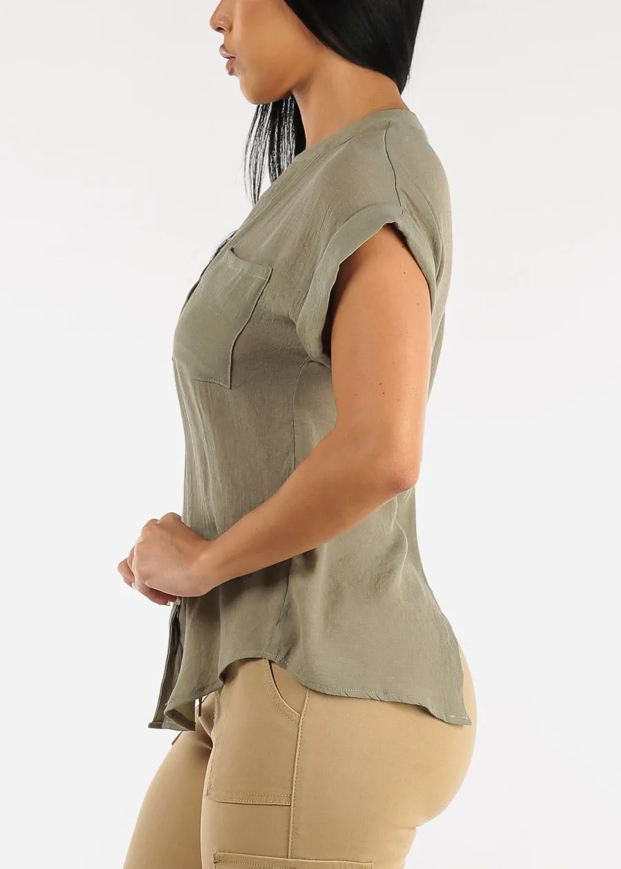 Cuffed Short Sleeve Button Up Shirt Sage w Back Slit sold by Moda product image thumbnail 3