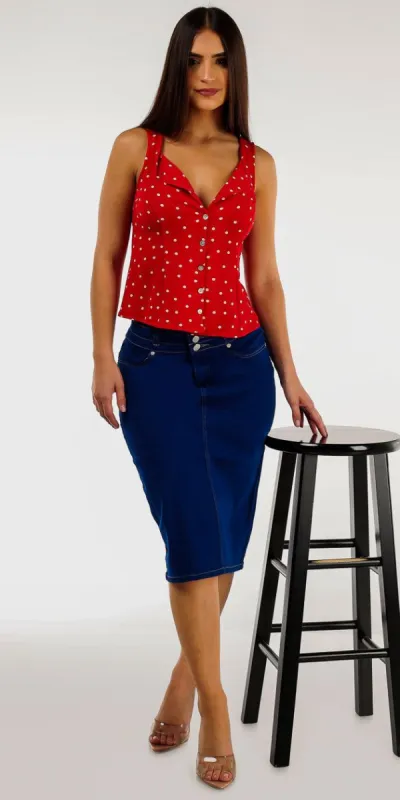 High Rise Royal Blue Denim Pencil Skirt with Sleeveless Red Polka Dot Button Up Shirt sold by Moda