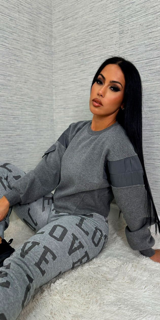 Grey Printed Jogger Pullover Set sold by Moda