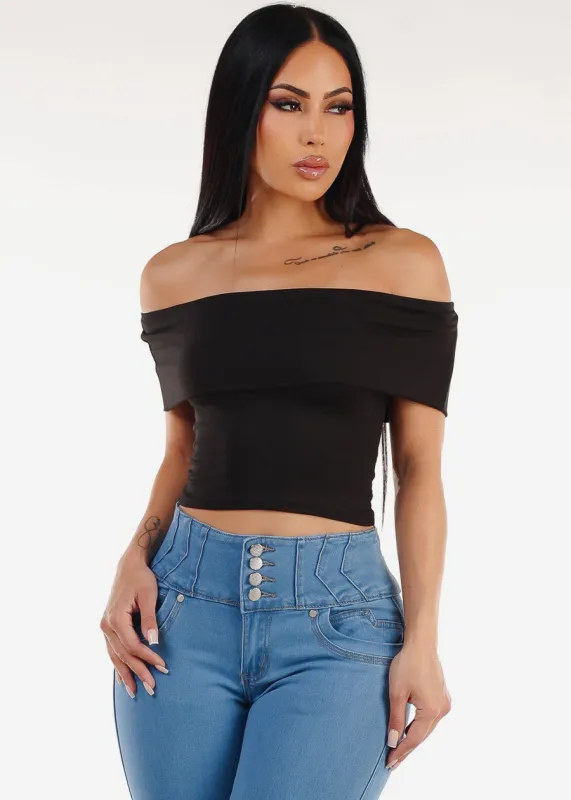 Stretchy Off Shoulder Crop Top Black sold by Moda