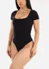 Black Short Sleeve Square Neck Stretch Thong Bodysuit sold by Moda