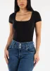 Black Short Sleeve Square Neck Stretch Thong Bodysuit sold by Moda