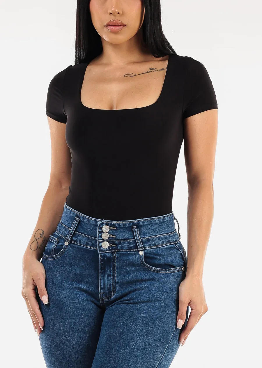 Black Short Sleeve Square Neck Stretch Thong Bodysuit sold by Moda product image thumbnail 5