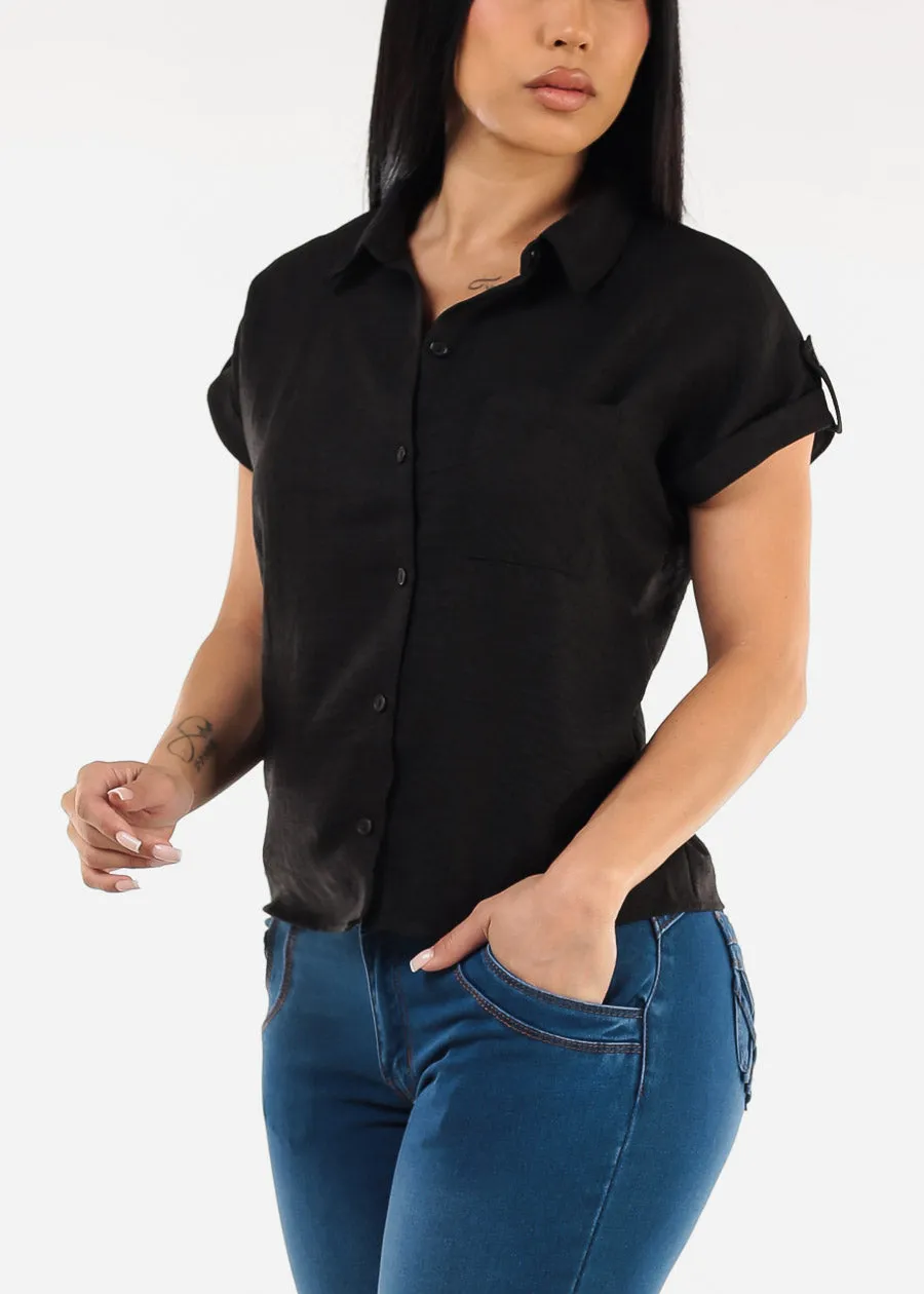 Short Sleeve Button Up Collared Blouse Black sold by Moda