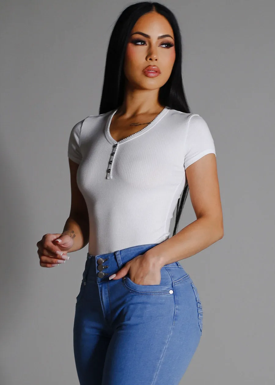 Stretchy Short Sleeve Ribbed Top White sold by Moda