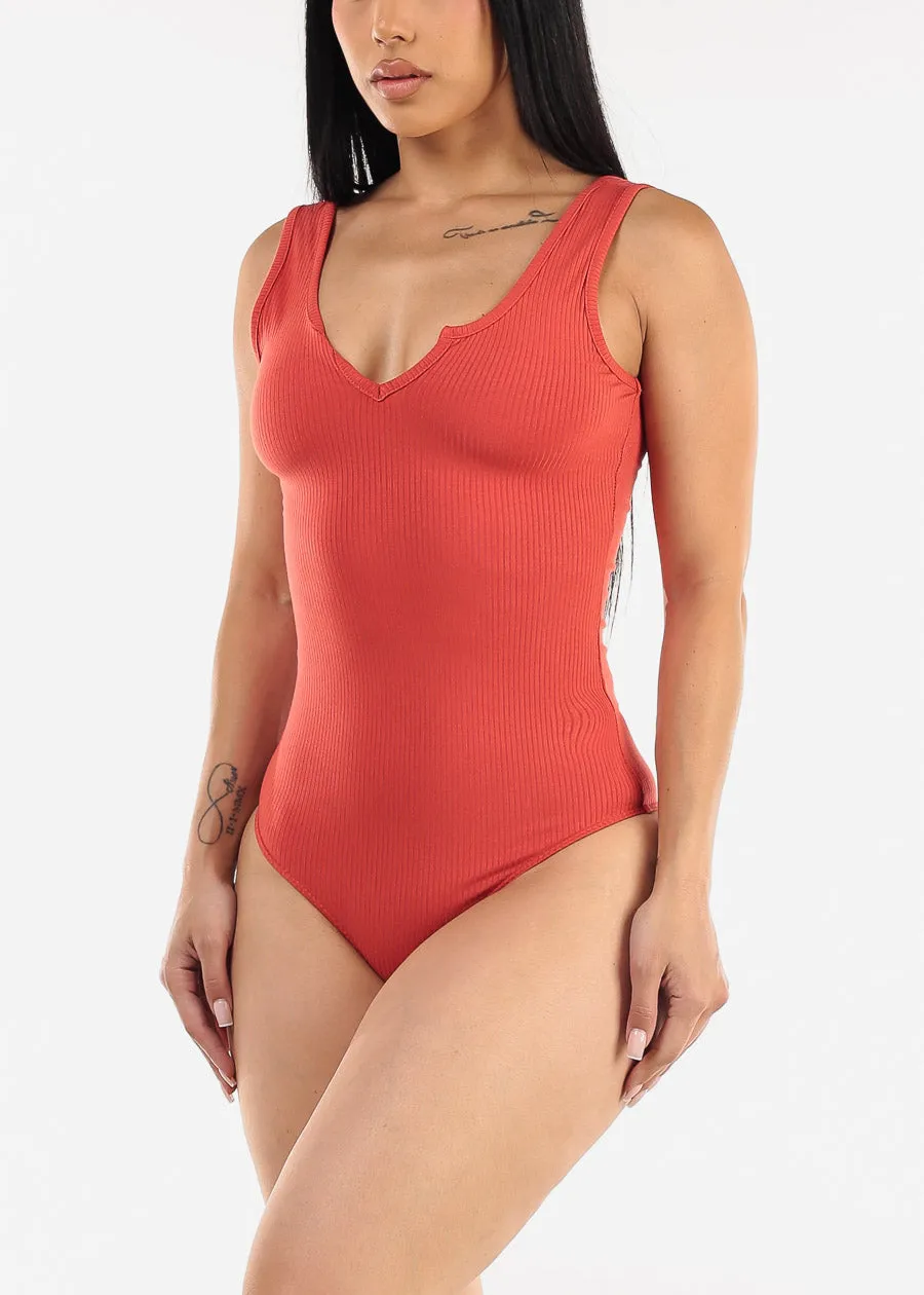 Sleeveless Vneck Ribbed Thong Bodysuit Salmon sold by Moda