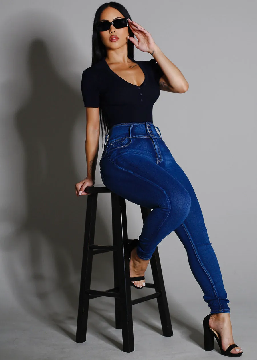 Short Sleeve Rib Knit Polo Bodysuit Navy sold by Moda product image thumbnail 3