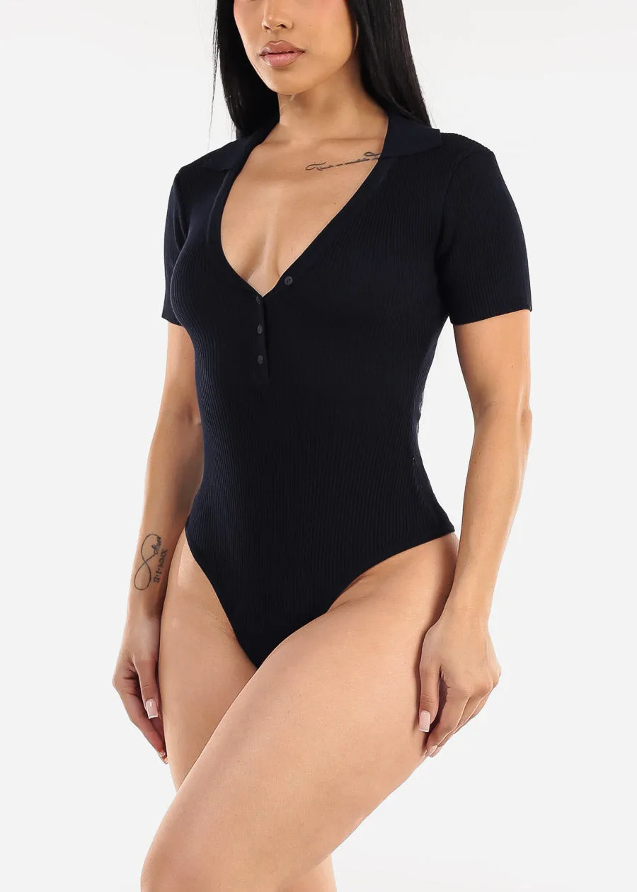 Short Sleeve Rib Knit Polo Bodysuit Navy sold by Moda