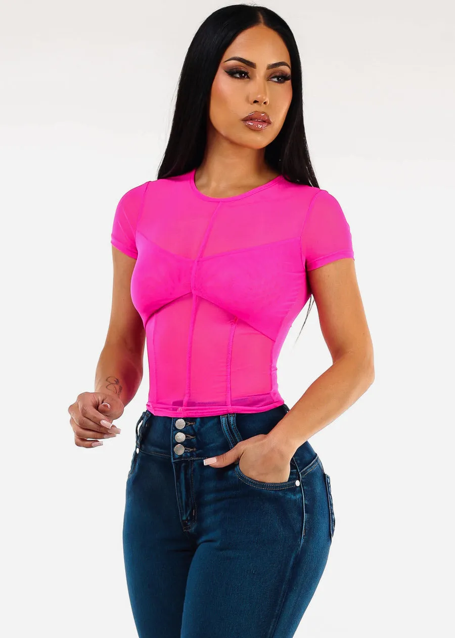 Short Sleeve Round Neckline Mesh Top Fuchsia sold by Moda product image thumbnail 4