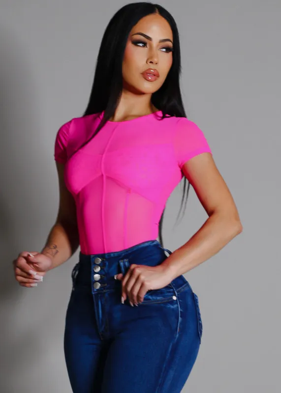 Short Sleeve Round Neckline Mesh Top Fuchsia sold by Moda