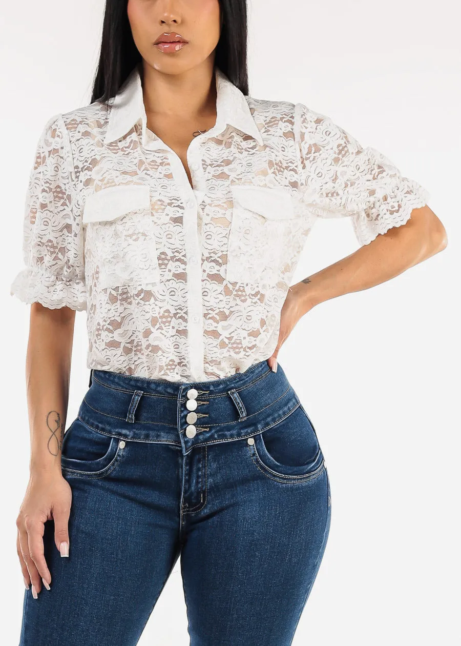 Lace Short Sleeve Button Up Collared Blouse White sold by Moda product image thumbnail 5