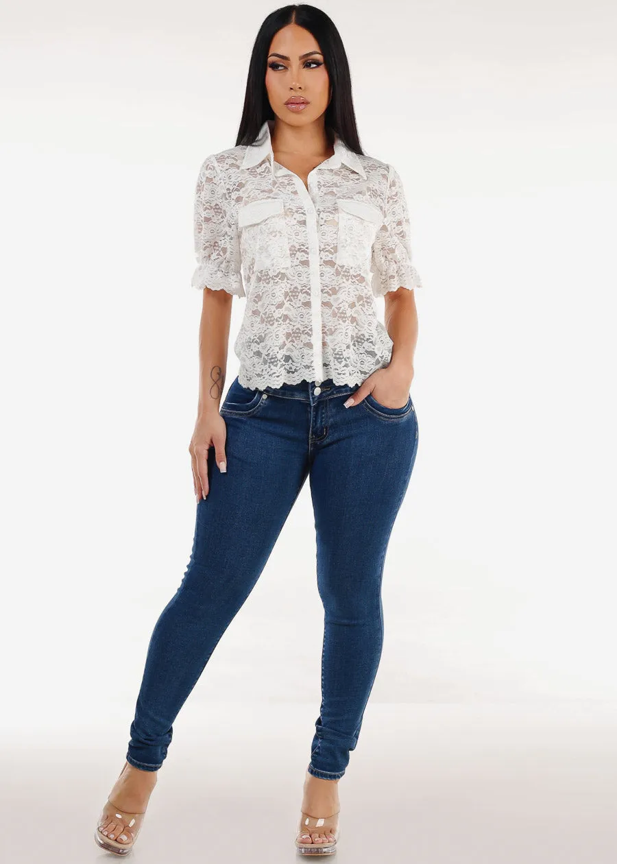 Lace Short Sleeve Button Up Collared Blouse White sold by Moda product image thumbnail 2