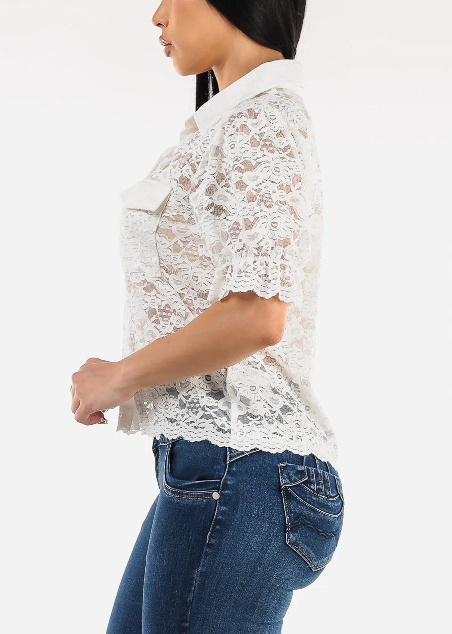 Lace Short Sleeve Button Up Collared Blouse White sold by Moda product image thumbnail 3